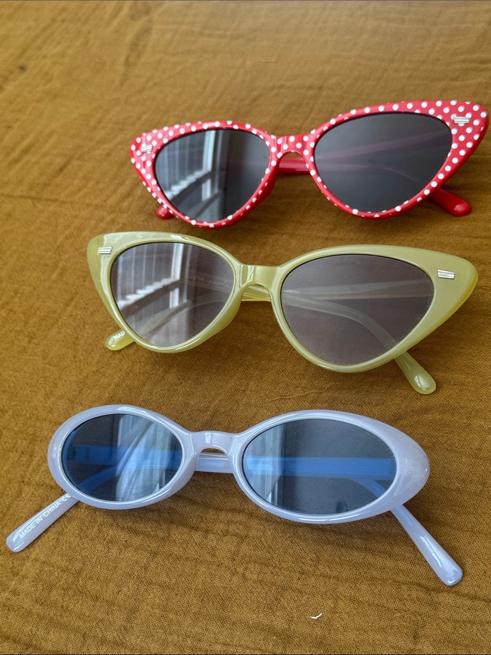 Free People (3) Cat Eye Sunglasses - Red Polka Dot, Olive Green, Light Gray